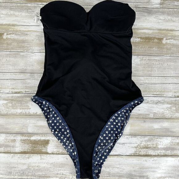 Revolve WeWoreWhat One Piece Swimsuit Size Small Blue Star Tie Front Strapless - Picture 13 of 14